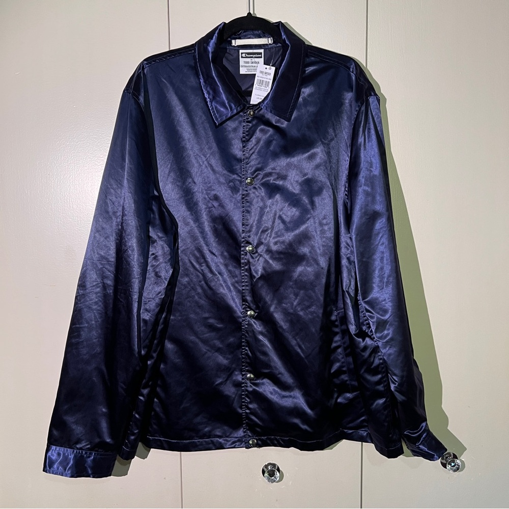 NWT Todd Snyder x Champion Men's Deep Blue Satin Jacket with Snaps - Size XXL